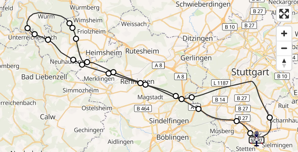 Flugroute Polizeihubschrauber Flughafen Stuttgart - Flughafen Stuttgart, 12 April 2026, 13:46