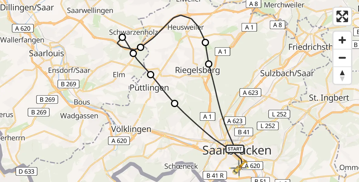 Flugroute Rettungshubschrauber Saarbrücken - Saarbrücken, 12 April 2026, 13:55