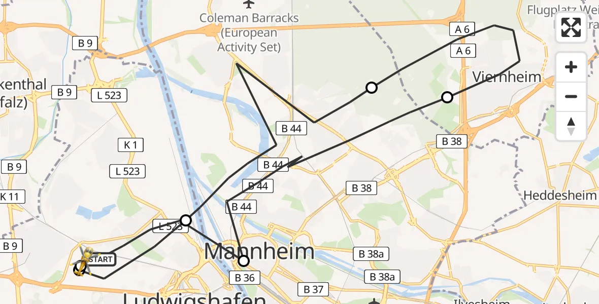 Flugroute Rettungshubschrauber Ludwigshafen am Rhein - Ludwigshafen Accident Hospital, 12 April 2026, 13:58