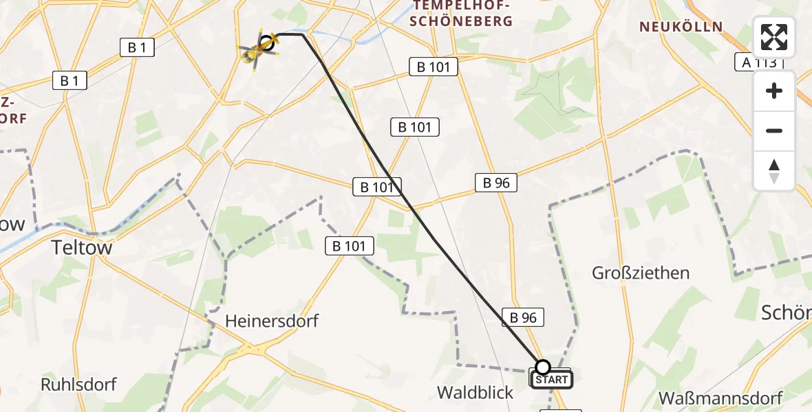 Flugroute Rettungshubschrauber Blankenfelde-Mahlow - Charité Clinic Benjamin Franklin Campus, 12 April 2026, 14:01