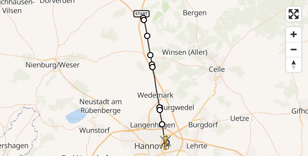 Flugroute Rettungshubschrauber Walsrode - Hannover Luftrettung Hubschrauberlandeplatz (Christoph 4), 12 April 2026, 14:01