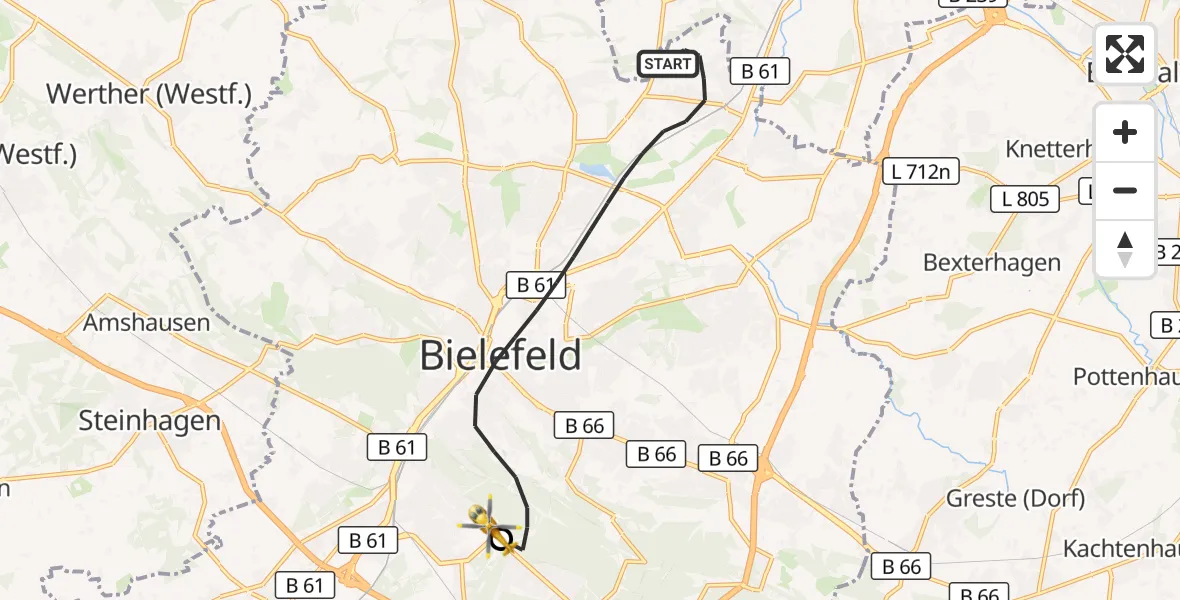 Flugroute Rettungshubschrauber Bielefeld - Luftrettungszentrum Bielefeld, 12 April 2026, 14:09