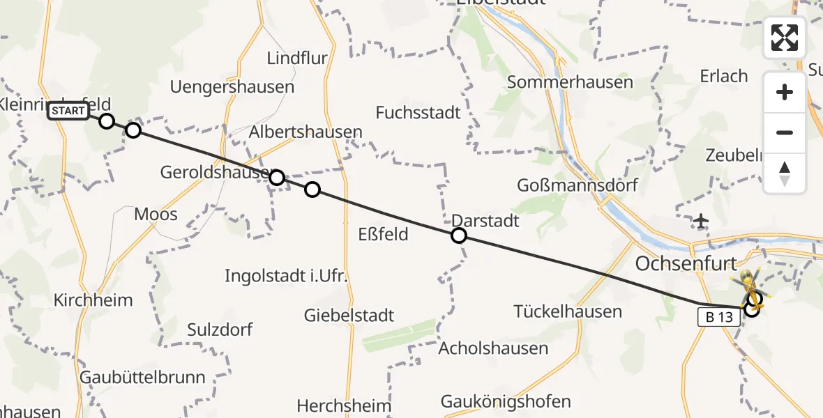 Flugroute Rettungshubschrauber Kleinrinderfeld - Ochsenfurt Hospital, 12 April 2026, 14:12