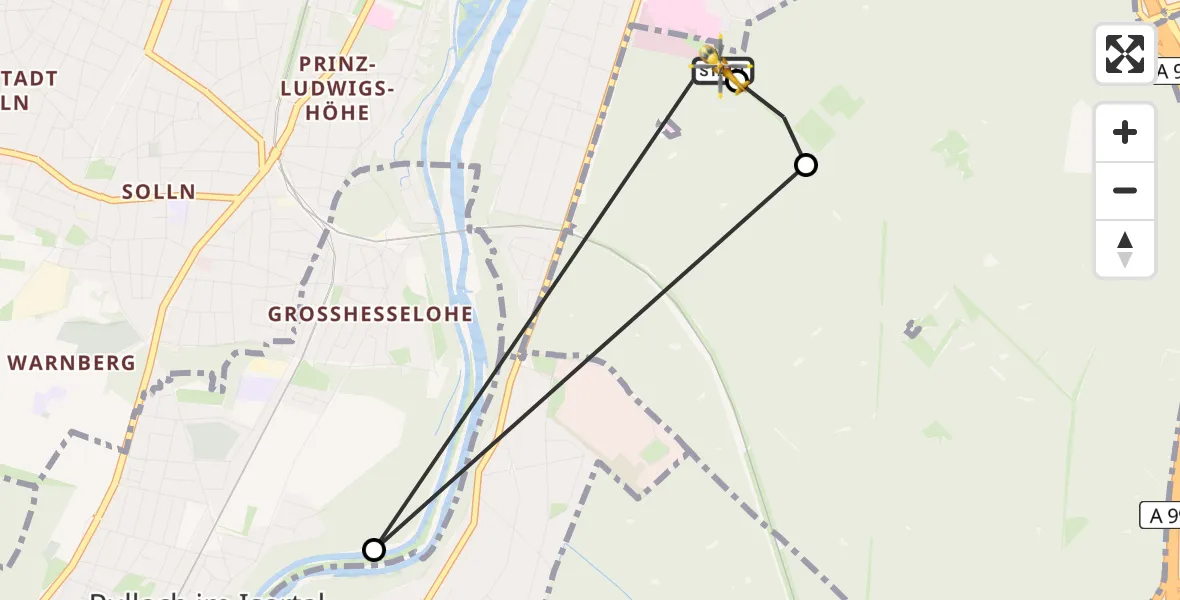Flugroute Rettungshubschrauber ADAC Air Rescue Center Hubschrauberlandeplatz (Christoph 1) - ADAC Air Rescue Center Hubschrauberlandeplatz (Christoph 1), 12 April 2026, 14:19