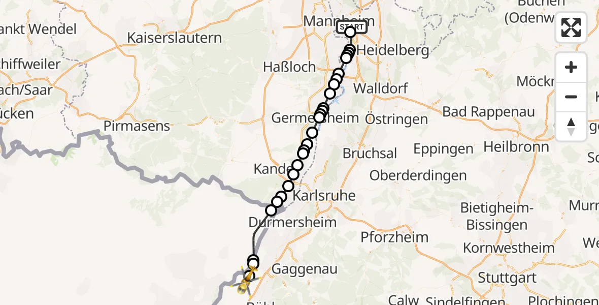 Flugroute Rettungshubschrauber Mannheim-City Flughafen - Karlsruhe Baden-Baden Flughafen, 12 April 2026, 14:26