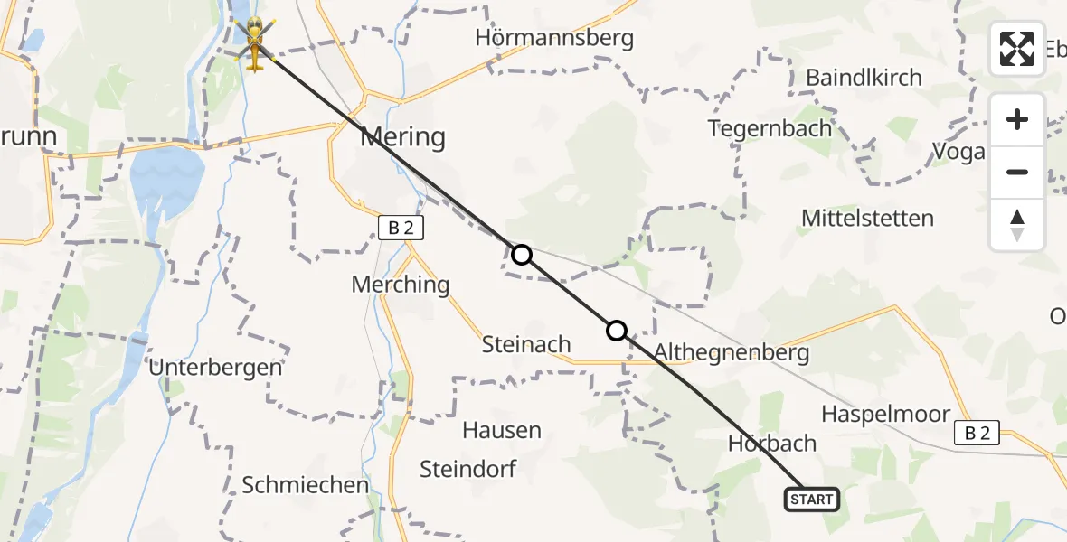 Flugroute Ambulanzhubschrauber Althegnenberg - Kissing, 12 April 2026, 14:43