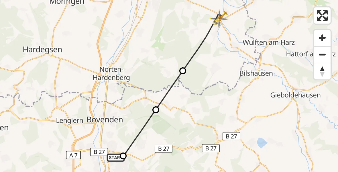 Flugroute Rettungshubschrauber Göttingen University Clinic Hubschrauberlandeplatz - Katlenburg-Lindau, 12 April 2026, 14:43