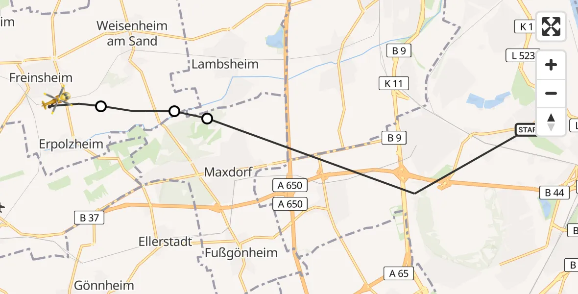 Flugroute Rettungshubschrauber Ludwigshafen am Rhein - Freinsheim, 12 April 2026, 14:47