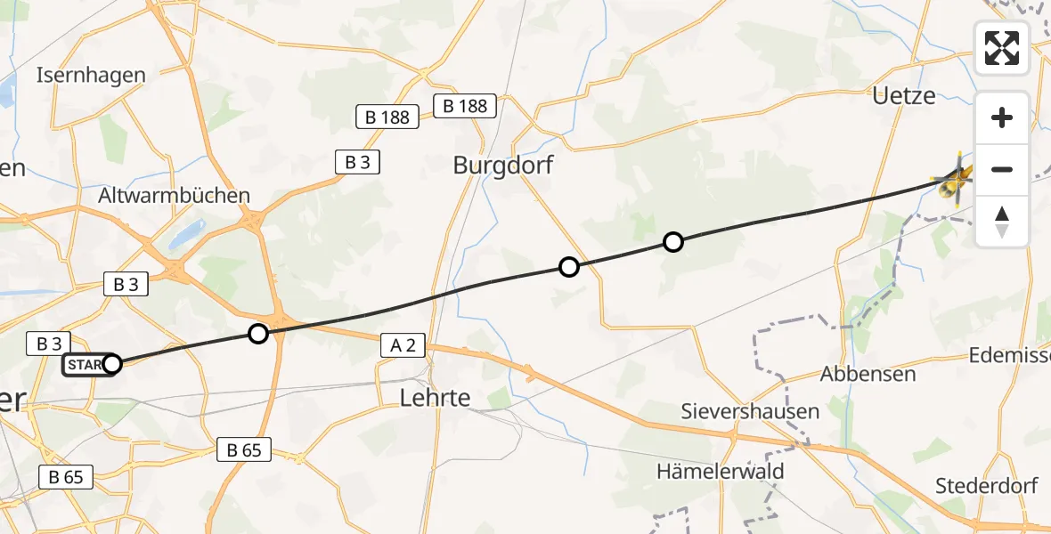 Flugroute Rettungshubschrauber Hannover Luftrettung Hubschrauberlandeplatz (Christoph 4) - Uetze, 12 April 2026, 15:05