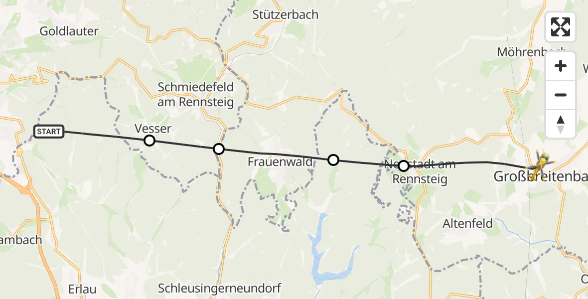 Flugroute Rettungshubschrauber Schleusingen - Großbreitenbach, 12 April 2026, 15:15