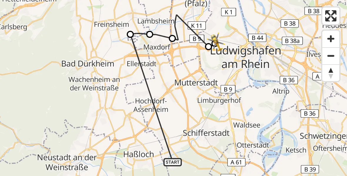 Flugroute Rettungshubschrauber Böhl-Iggelheim - Ludwigshafen Accident Hospital, 12 April 2026, 15:26