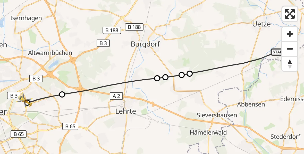 Flugroute Rettungshubschrauber Uetze - Hannover Luftrettung Hubschrauberlandeplatz (Christoph 4), 12 April 2026, 15:40