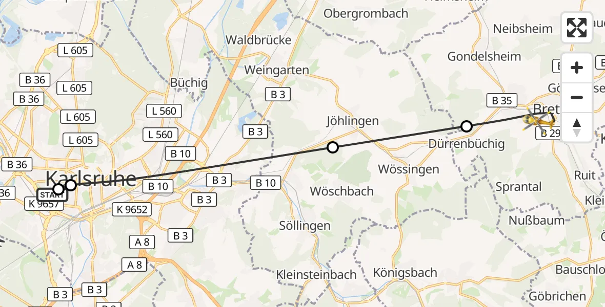 Flugroute Rettungshubschrauber Sankt Vincentius Hospital - Bretten, 12 April 2026, 15:49