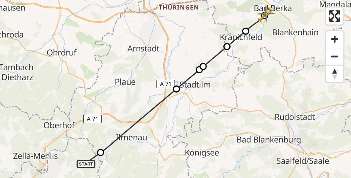 Flugroute Ambulanzhubschrauber Suhl - DRF Rettungsstation Bad Berka Hubschrauberlandeplatz, 12 April 2026, 15:50