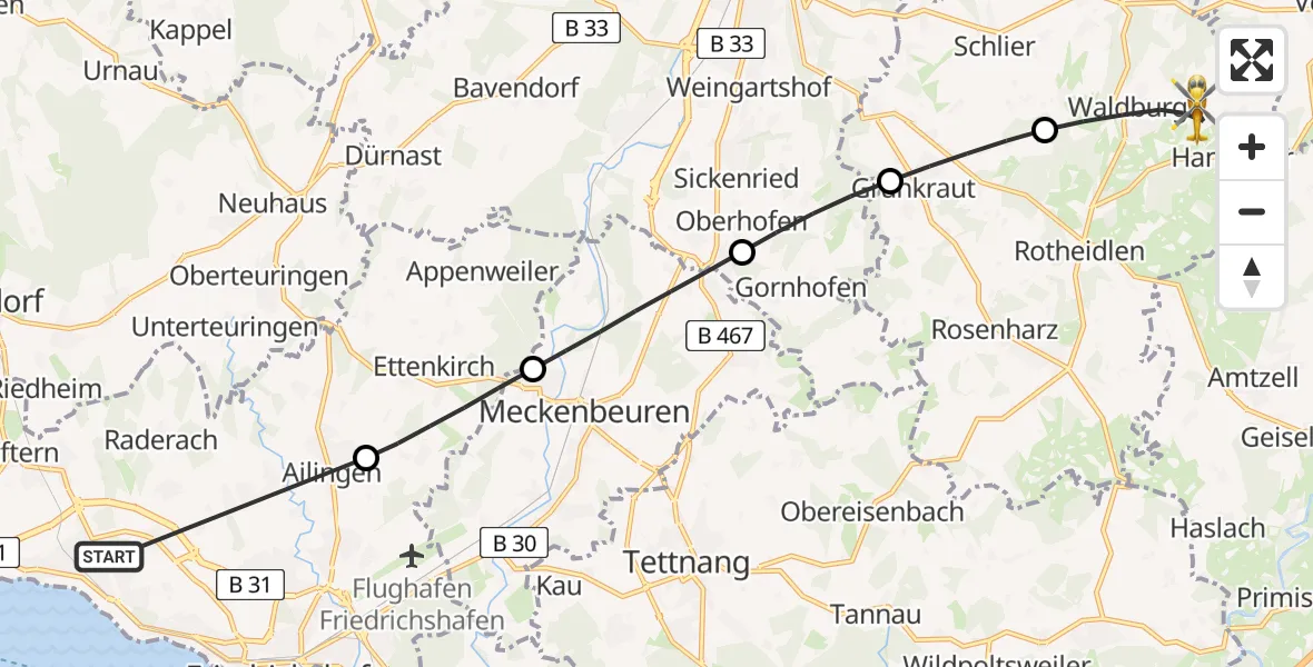 Flugroute Rettungshubschrauber Friedrichshafen Hospital - Waldburg, 12 April 2026, 15:53