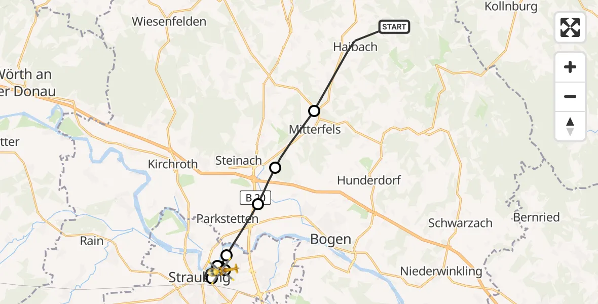 Flugroute Rettungshubschrauber Haibach - Sankt Elisabeth Hospital Straubing, 12 April 2026, 15:55