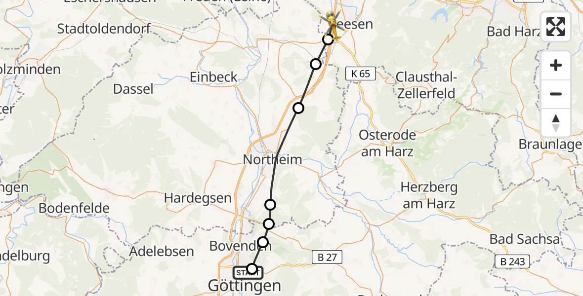 Flugroute Rettungshubschrauber Göttingen University Clinic Hubschrauberlandeplatz - Seesen, 12 April 2026, 16:07