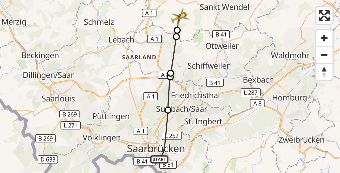 Flugroute Rettungshubschrauber Saarbrücken - Marpingen, 12 April 2026, 16:24