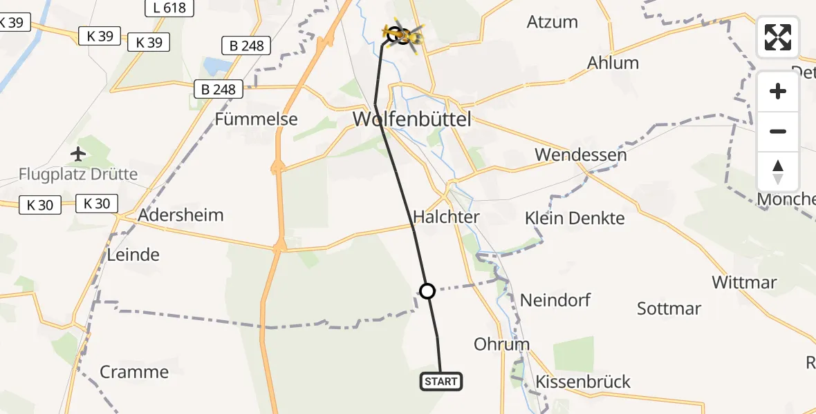 Flugroute Rettungshubschrauber Ohrum - Wolfenbüttel Municipal Hospital Heliport (Christoph 30), 12 April 2026, 16:26