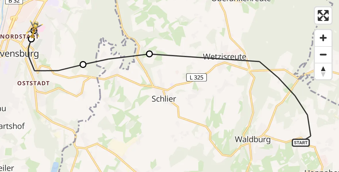 Flugroute Rettungshubschrauber Waldburg - Sankt Elisabeth Hospital, 12 April 2026, 16:36