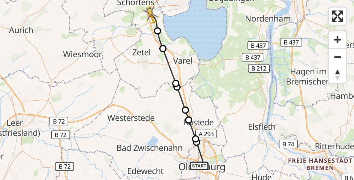 Flugroute Rettungshubschrauber Oldenburg (Oldb) - Sande, 12 April 2026, 16:44
