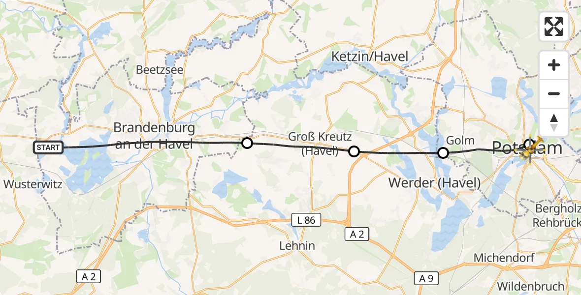 Flugroute Rettungshubschrauber Brandenburg an der Havel - Ernst von Bergmann Clinic Hubschrauberlandeplatz, 12 April 2026, 16:56