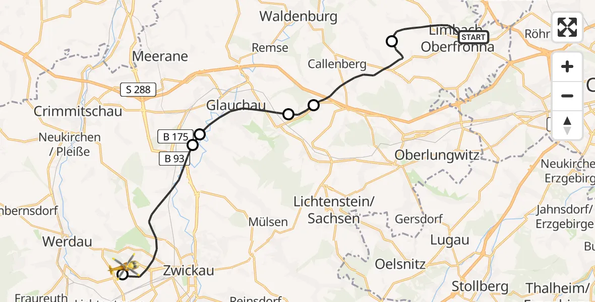 Flugroute Rettungshubschrauber Limbach-Oberfrohna - ADAC Air Rescue Station Zwickau Hubschrauberlandeplatz, 12 April 2026, 17:05