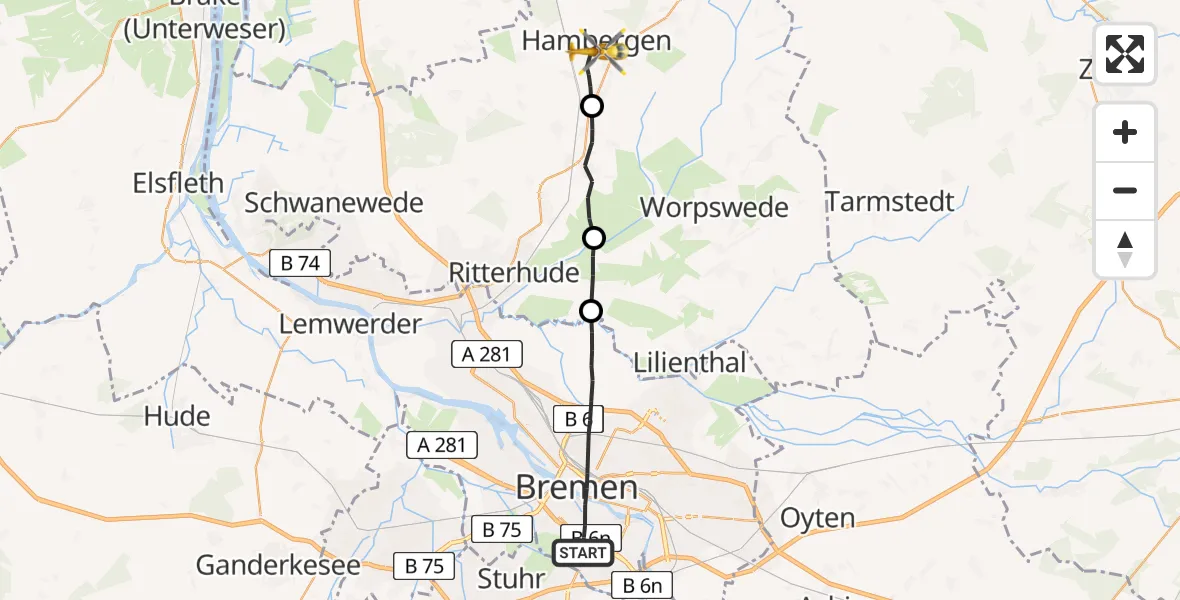 Flugroute Rettungshubschrauber Bremen - Hambergen, 12 April 2026, 17:20