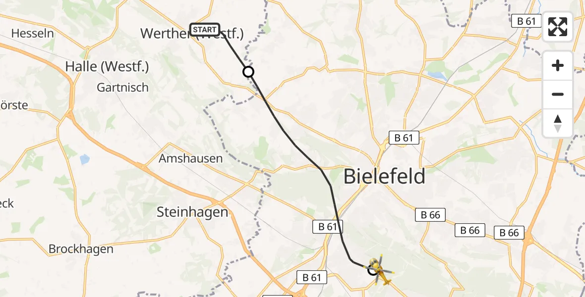 Flugroute Rettungshubschrauber Werther (Westf.) - Luftrettungszentrum Bielefeld, 12 April 2026, 17:25
