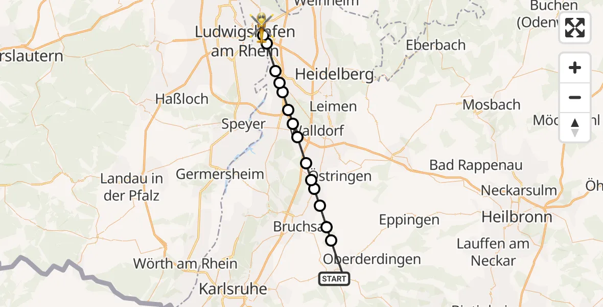 Flugroute Rettungshubschrauber Bretten - Mannheim, 12 April 2026, 17:26