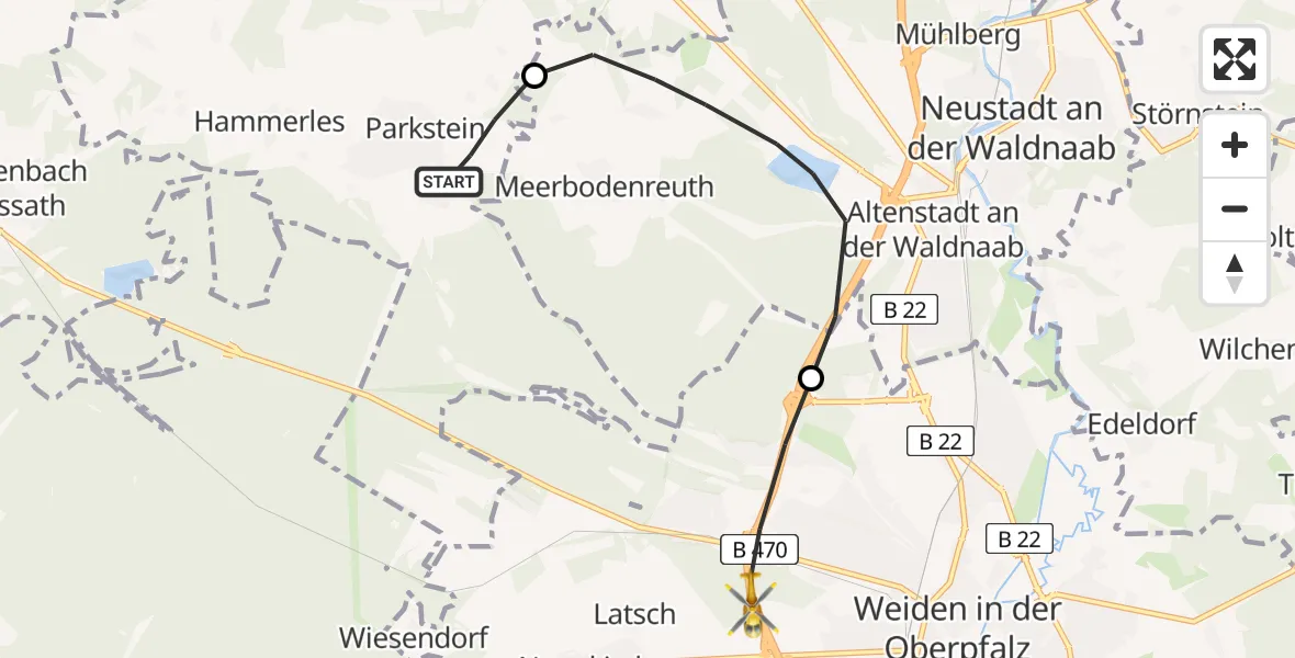 Flugroute Rettungshubschrauber Parkstein - Weiden i.d.OPf., 12 April 2026, 17:36