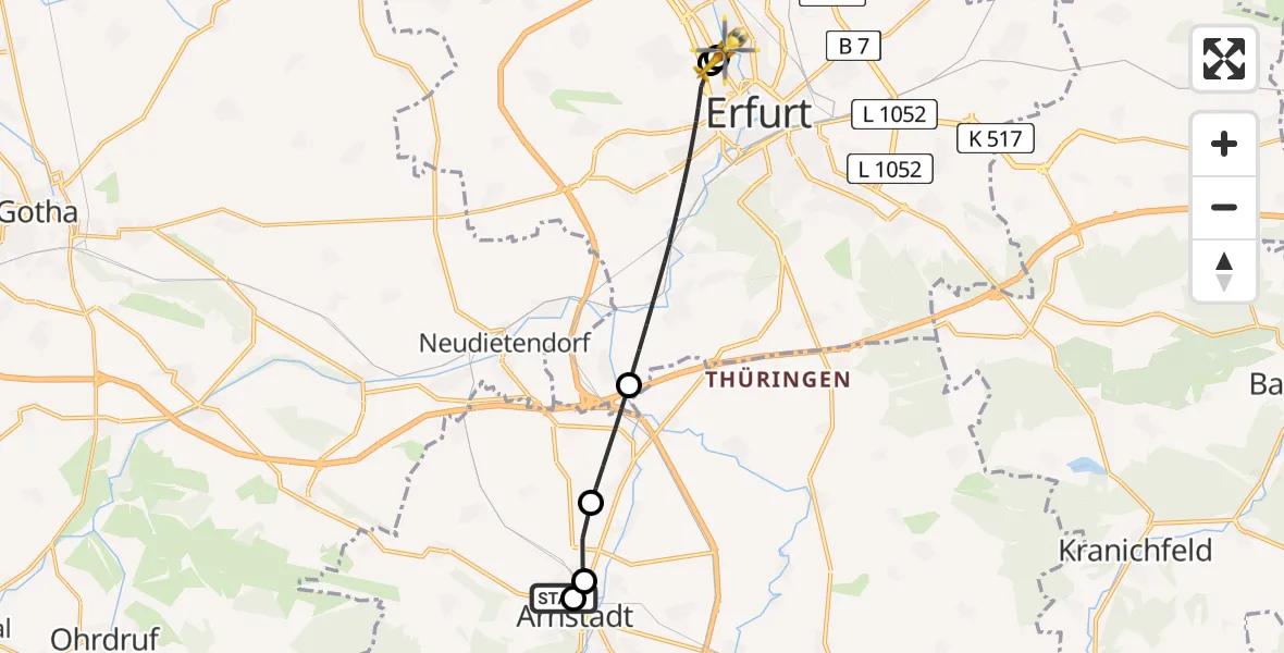 Flugroute Ambulanzhubschrauber Ilm District Hospital Arnstadt-Ilmenau - Helios Clinic Erfurt, 12 April 2026, 17:36