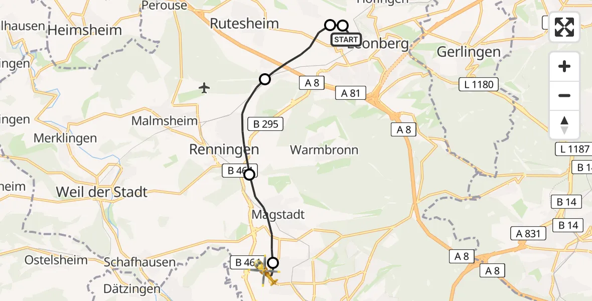 Flugroute Rettungshubschrauber Leonberg Hospital - Sindelfingen, 12 April 2026, 17:45