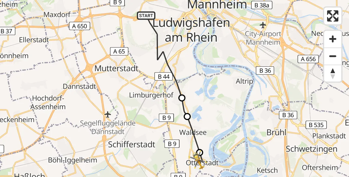 Flugroute Rettungshubschrauber Ludwigshafen am Rhein - Otterstadt, 12 April 2026, 18:03
