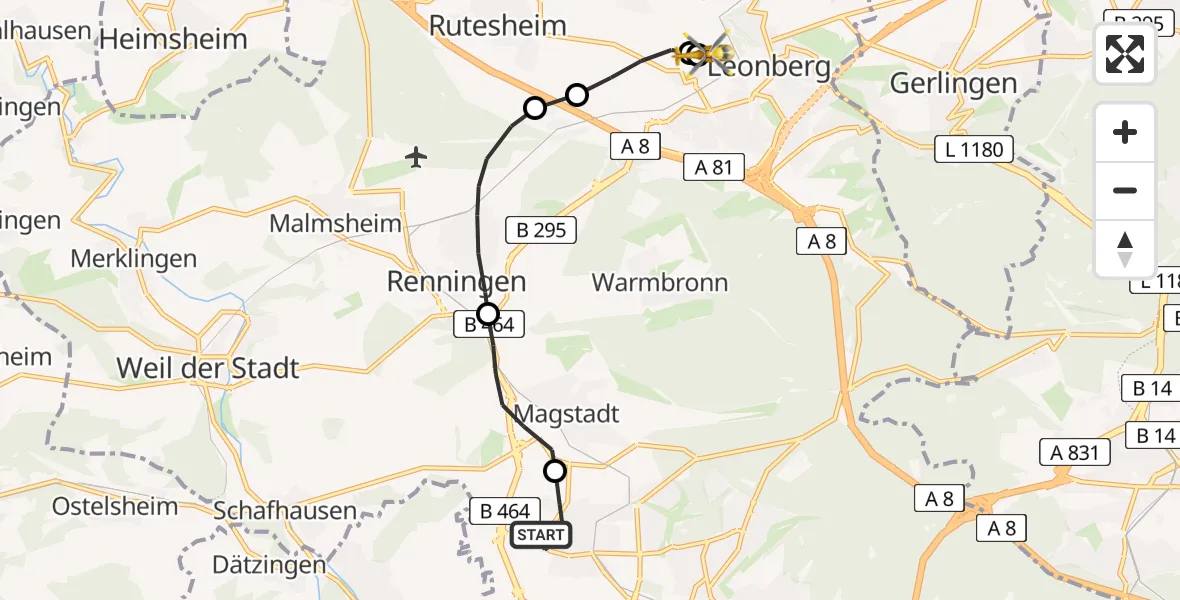 Flugroute Rettungshubschrauber Sindelfingen - Leonberg Hospital, 12 April 2026, 18:11
