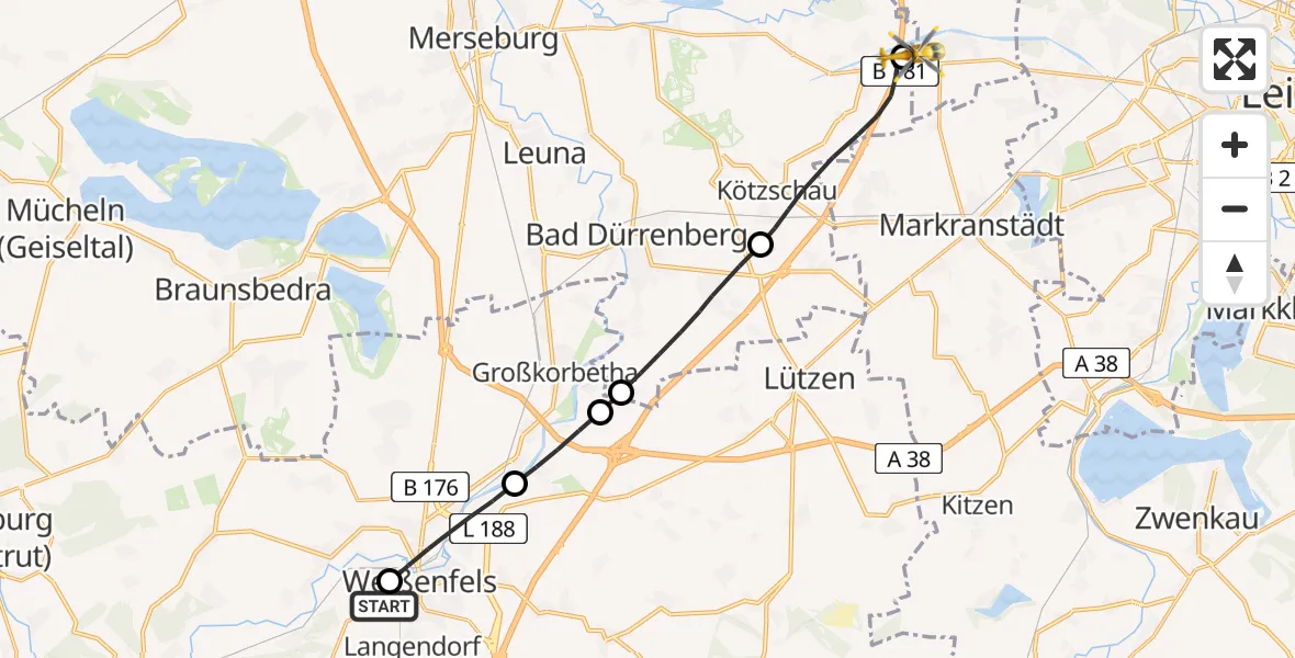 Flugroute Rettungshubschrauber Asklepios Clinic Weißenfels - ADAC Air Rescue Station Leipzig/Schkeuditz-Dölzig Hubschrauberlandeplatz (Christoph 61), 12 April 2026, 18:25