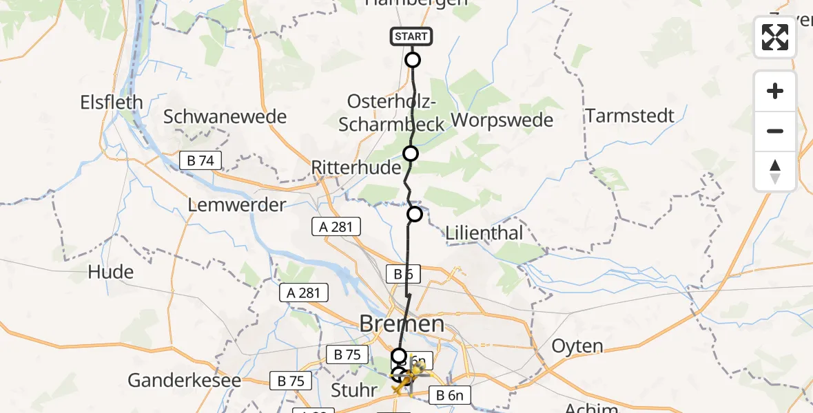 Flugroute Rettungshubschrauber Hambergen - ADAC Air Rescue Station Bremen Hubschrauberlandeplatz (Christoph 6), 12 April 2026, 18:39