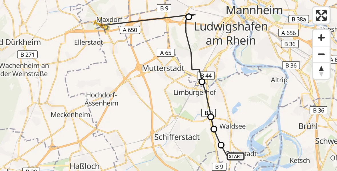 Flugroute Rettungshubschrauber Otterstadt - Fußgönheim, 12 April 2026, 18:47