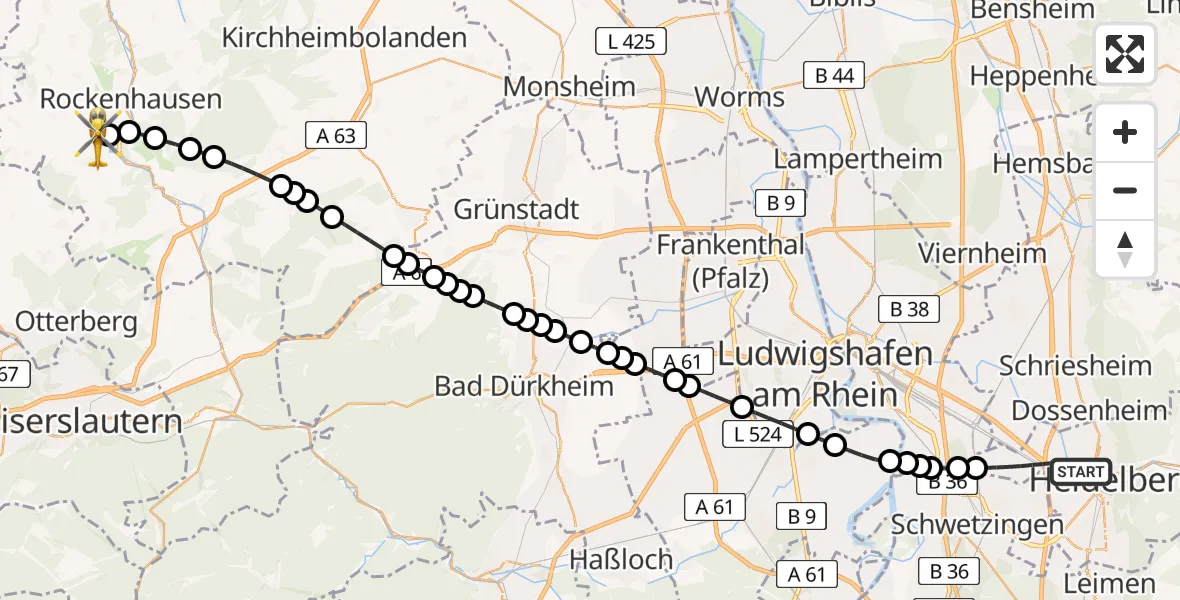 Flugroute Rettungshubschrauber Heidelberg - Imsweiler UL, 12 April 2026, 19:24