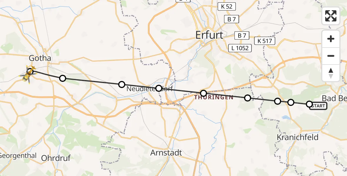 Flugroute Ambulanzhubschrauber Bad Berka - Helios Clinic Gotha, 12 April 2026, 19:52
