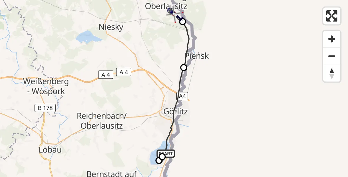 Flugroute Polizeihubschrauber Görlitz - Rothenburg/O.L., 12 April 2026, 20:05