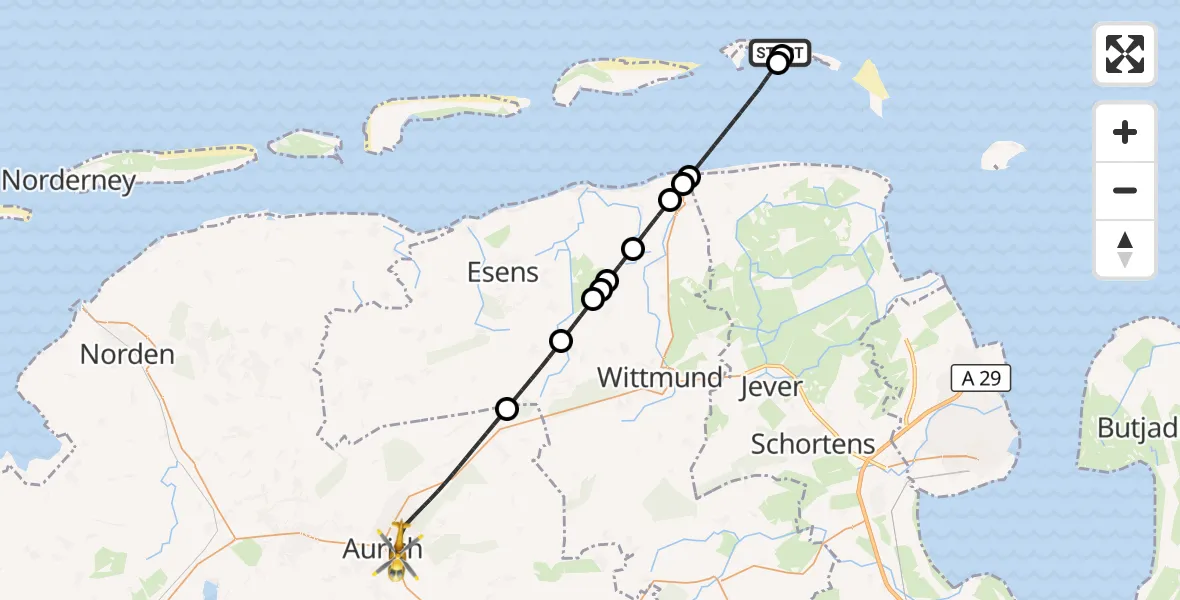 Flugroute Rettungshubschrauber Noordzee - Aurich, 12 April 2026, 20:24