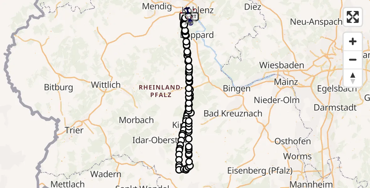 Flugroute Polizeihubschrauber Koblenz-Winningen Flugplatz - Koblenz-Winningen Flugplatz, 12 April 2026, 22:27