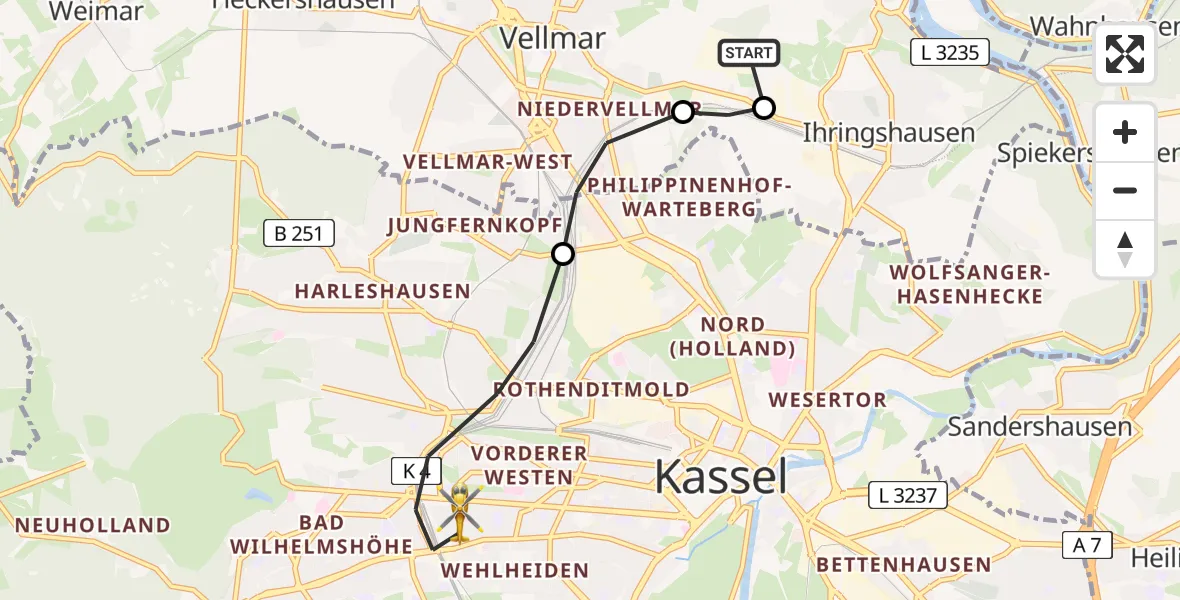 Flugroute Rettungshubschrauber Fuldatal Bundespolizei Hubschrauberlandeplatz - Kassel, 13 April 2026, 05:00
