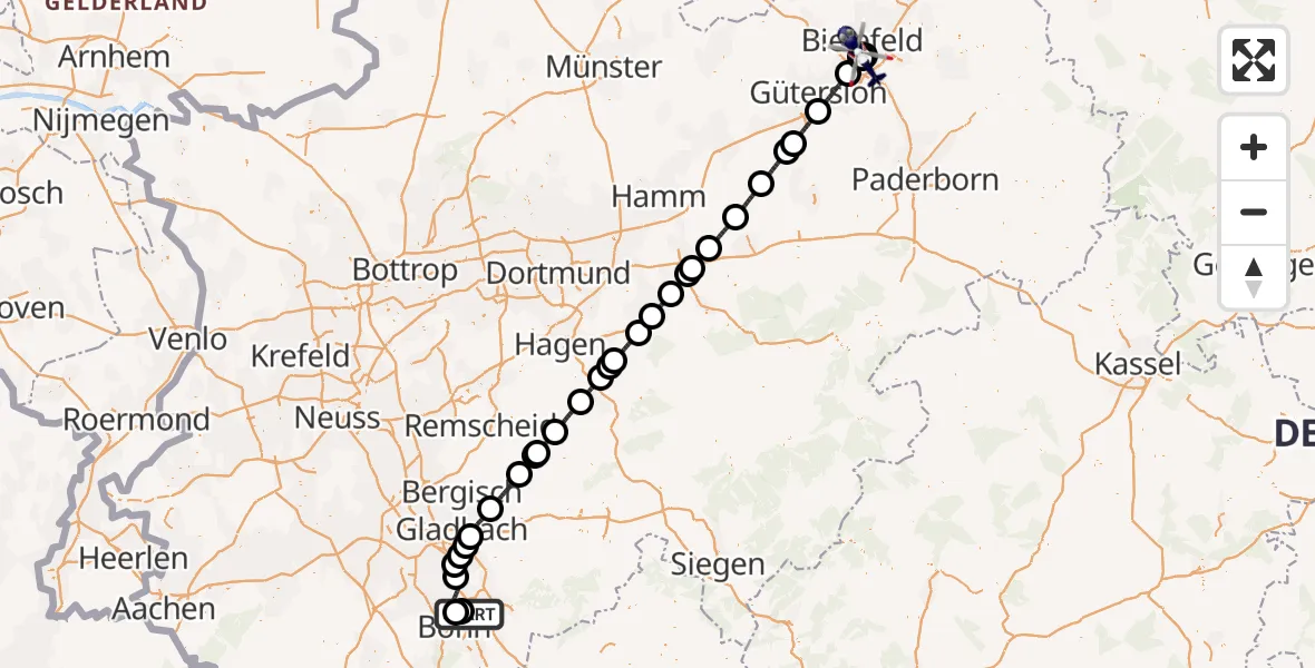 Flugroute Polizeihubschrauber Sankt Augustin - Luftrettungszentrum Bielefeld, 13 April 2026, 05:08