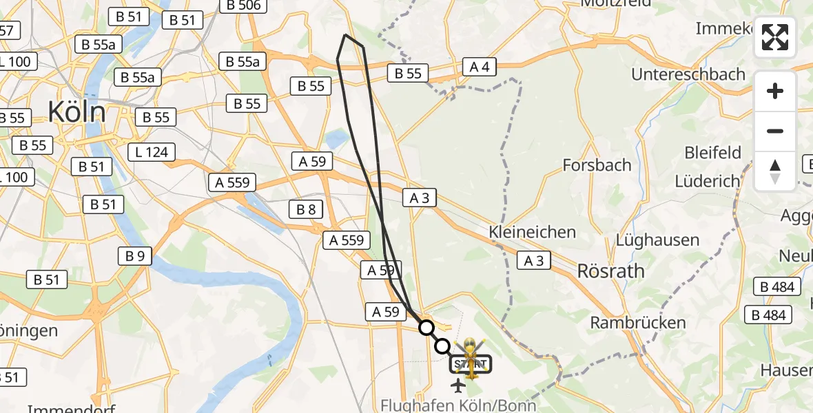 Flugroute Rettungshubschrauber Köln Bonn Flughafen - Köln Bonn Flughafen, 13 April 2026, 05:17