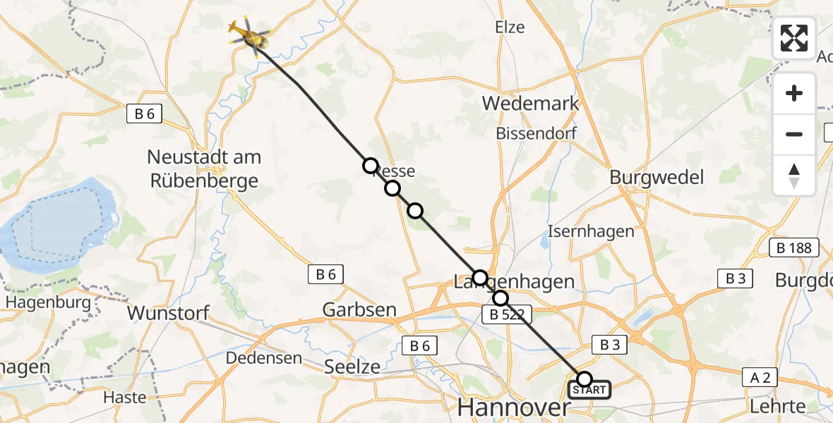 Flugroute Rettungshubschrauber Hannover Luftrettung Hubschrauberlandeplatz (Christoph 4) - Neustadt am Rübenberge, 13 April 2026, 05:40