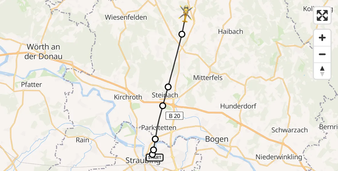 Flugroute Rettungshubschrauber Sankt Elisabeth Hospital Straubing - Rattiszell, 13 April 2026, 05:43