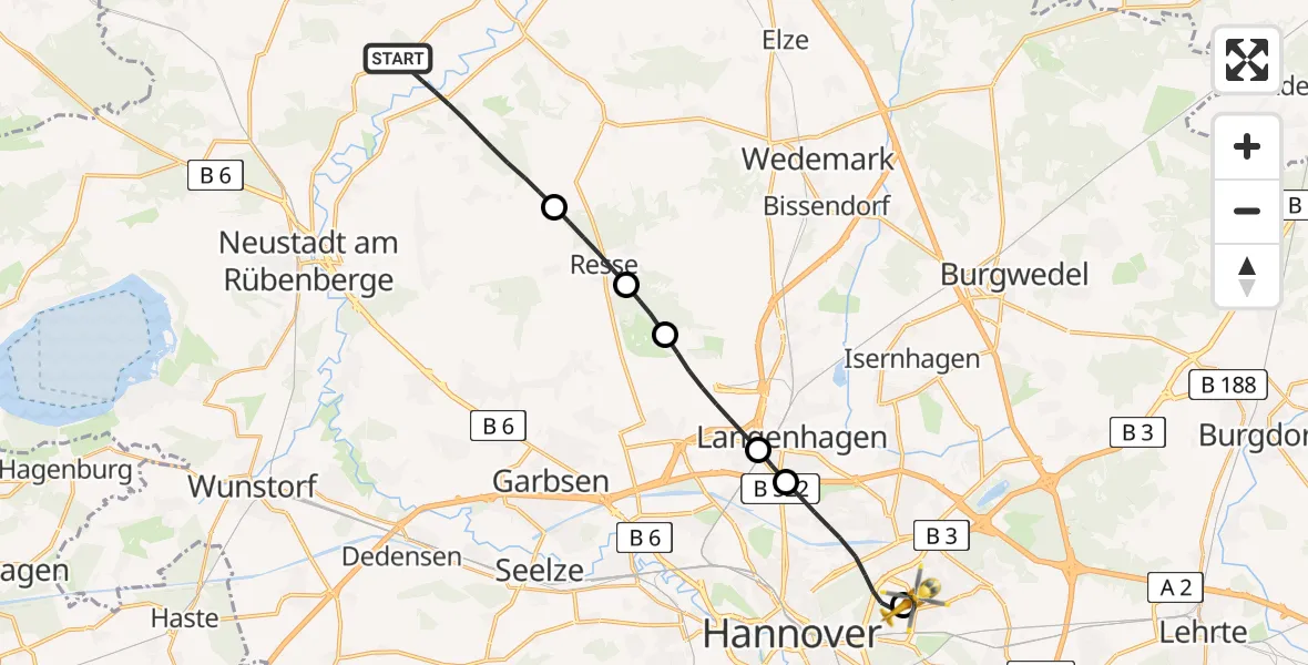 Flugroute Rettungshubschrauber Neustadt am Rübenberge - Hannover Luftrettung Hubschrauberlandeplatz (Christoph 4), 13 April 2026, 06:17