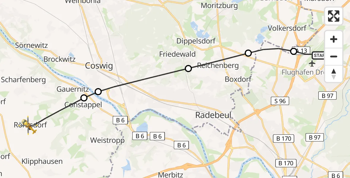 Flugroute Rettungshubschrauber Dresden Flughafen - Klipphausen, 13 April 2026, 06:26